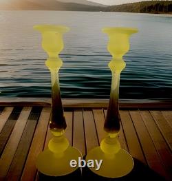 Vintage Canary Yellow Satin Tiffin Glass Vaseline Glass Candlestick Holders Set
