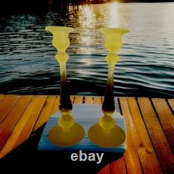 Vintage Canary Yellow Satin Tiffin Glass Vaseline Glass Candlestick Holders Set