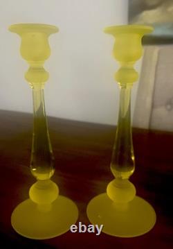 Vintage Canary Yellow Satin Tiffin Glass Vaseline Glass Candlestick Holders Set