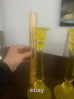 Vintage Canary Yellow Satin Tiffin Glass Vaseline Glass Candlestick Holders Set