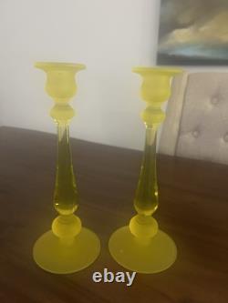 Vintage Canary Yellow Satin Tiffin Glass Vaseline Glass Candlestick Holders Set