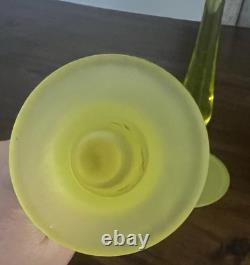 Vintage Canary Yellow Satin Tiffin Glass Vaseline Glass Candlestick Holders Set