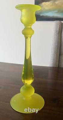 Vintage Canary Yellow Satin Tiffin Glass Vaseline Glass Candlestick Holders Set