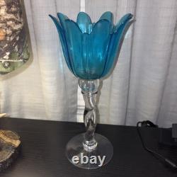 Vintage Candle Holder Turquoise Blue Clear Spiral Stem Lotus Flower Blown Glass