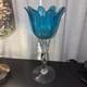 Vintage Candle Holder Turquoise Blue Clear Spiral Stem Lotus Flower Blown Glass