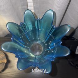 Vintage Candle Holder Turquoise Blue Clear Spiral Stem Lotus Flower Blown Glass