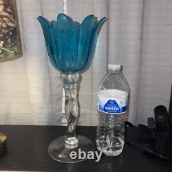 Vintage Candle Holder Turquoise Blue Clear Spiral Stem Lotus Flower Blown Glass
