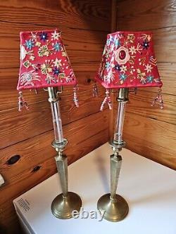 Vintage Candle Holders Glass Oil Candle & Silk Embroidery Shades. 21 1/2 Tall