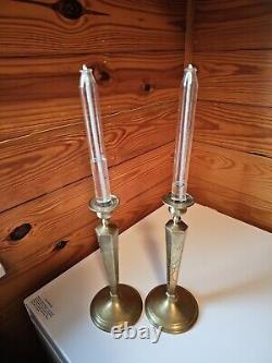 Vintage Candle Holders Glass Oil Candle & Silk Embroidery Shades. 21 1/2 Tall