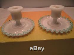 Vintage Candle stick holder set Fenton Blue Crest rim edge milk Glass