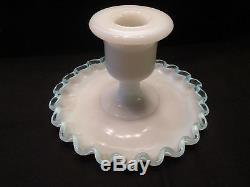 Vintage Candle stick holder set Fenton Blue Crest rim edge milk Glass