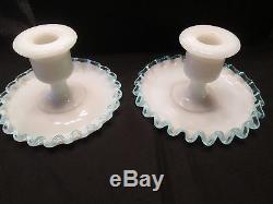 Vintage Candle stick holder set Fenton Blue Crest rim edge milk Glass