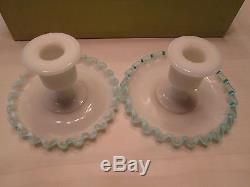 Vintage Candle stick holder set Fenton Blue Crest rim edge milk Glass