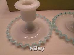 Vintage Candle stick holder set Fenton Blue Crest rim edge milk Glass