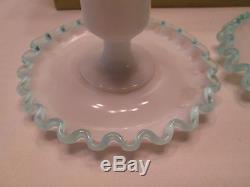 Vintage Candle stick holder set Fenton Blue Crest rim edge milk Glass