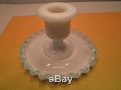 Vintage Candle stick holder set Fenton Blue Crest rim edge milk Glass