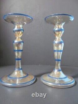 Vintage Candlestick Holders 2 Opalescent Glass With Blue Rings 8 Tall