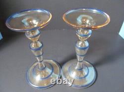 Vintage Candlestick Holders 2 Opalescent Glass With Blue Rings 8 Tall