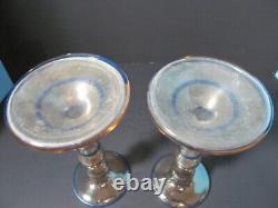 Vintage Candlestick Holders 2 Opalescent Glass With Blue Rings 8 Tall