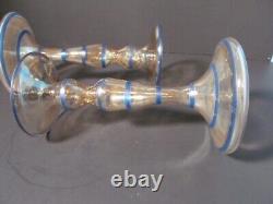 Vintage Candlestick Holders 2 Opalescent Glass With Blue Rings 8 Tall