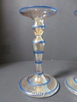 Vintage Candlestick Holders 2 Opalescent Glass With Blue Rings 8 Tall