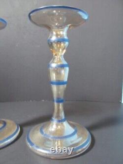 Vintage Candlestick Holders 2 Opalescent Glass With Blue Rings 8 Tall