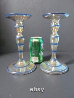 Vintage Candlestick Holders 2 Opalescent Glass With Blue Rings 8 Tall