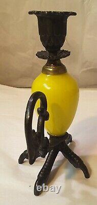 Vintage Chicken / Claw Foot Chamberstick Figural Candlestick Cast Iron / Glass