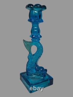 Vintage Cobalt Blue Figural Dolphin Pressed Glass 10.5 Candlestick