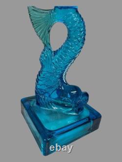 Vintage Cobalt Blue Figural Dolphin Pressed Glass 10.5 Candlestick