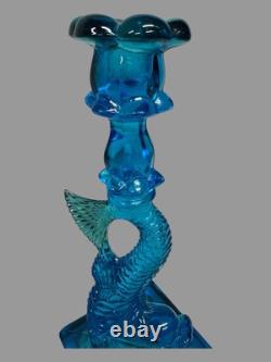 Vintage Cobalt Blue Figural Dolphin Pressed Glass 10.5 Candlestick