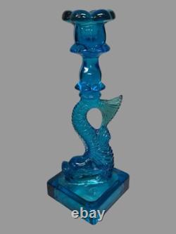 Vintage Cobalt Blue Figural Dolphin Pressed Glass 10.5 Candlestick