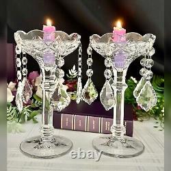 Vintage Crystal Candle Holders Clear Hanging Crystals Taper Dinner Candlesticks