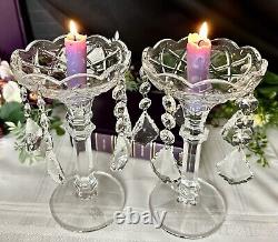 Vintage Crystal Candle Holders Clear Hanging Crystals Taper Dinner Candlesticks