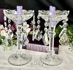 Vintage Crystal Candle Holders Clear Hanging Crystals Taper Dinner Candlesticks