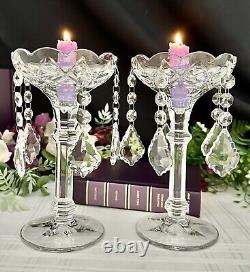 Vintage Crystal Candle Holders Clear Hanging Crystals Taper Dinner Candlesticks