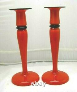 Vintage Czech Tango Orange Red with Black 10.25 Art Glass Candlesticks