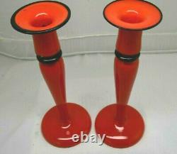Vintage Czech Tango Orange Red with Black 10.25 Art Glass Candlesticks