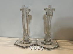 Vintage EAPG Pair of Clear Art Glass Chippendale Candlesticks