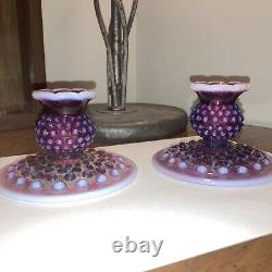 Vintage Fenton Art Glass Purple Plum Opalescent Hobnail Candle Stick Holders
