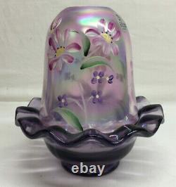 Vintage Fenton Carnival Glass Purple Amethyst Flowers Candle Holder Fairy Lamp
