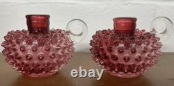 Vintage Fenton Glass Cranberry Candle Holders Pair Hobnail With Handle