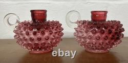 Vintage Fenton Glass Cranberry Candle Holders Pair Hobnail With Handle