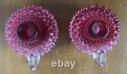 Vintage Fenton Glass Cranberry Candle Holders Pair Hobnail With Handle