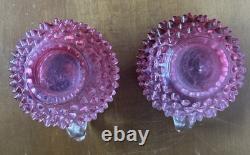 Vintage Fenton Glass Cranberry Candle Holders Pair Hobnail With Handle