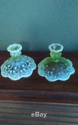 Vintage Fenton Opalescent Topaz Vaseline Glass LiLy of the Valley 2ea
