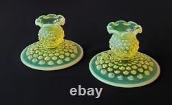 Vintage Fenton Topaz Vaseline Opalescent Hobnail Candle Holders