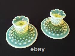 Vintage Fenton Topaz Vaseline Opalescent Hobnail Candle Holders