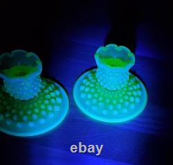 Vintage Fenton Topaz Vaseline Opalescent Hobnail Candle Holders
