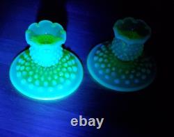 Vintage Fenton Topaz Vaseline Opalescent Hobnail Candle Holders